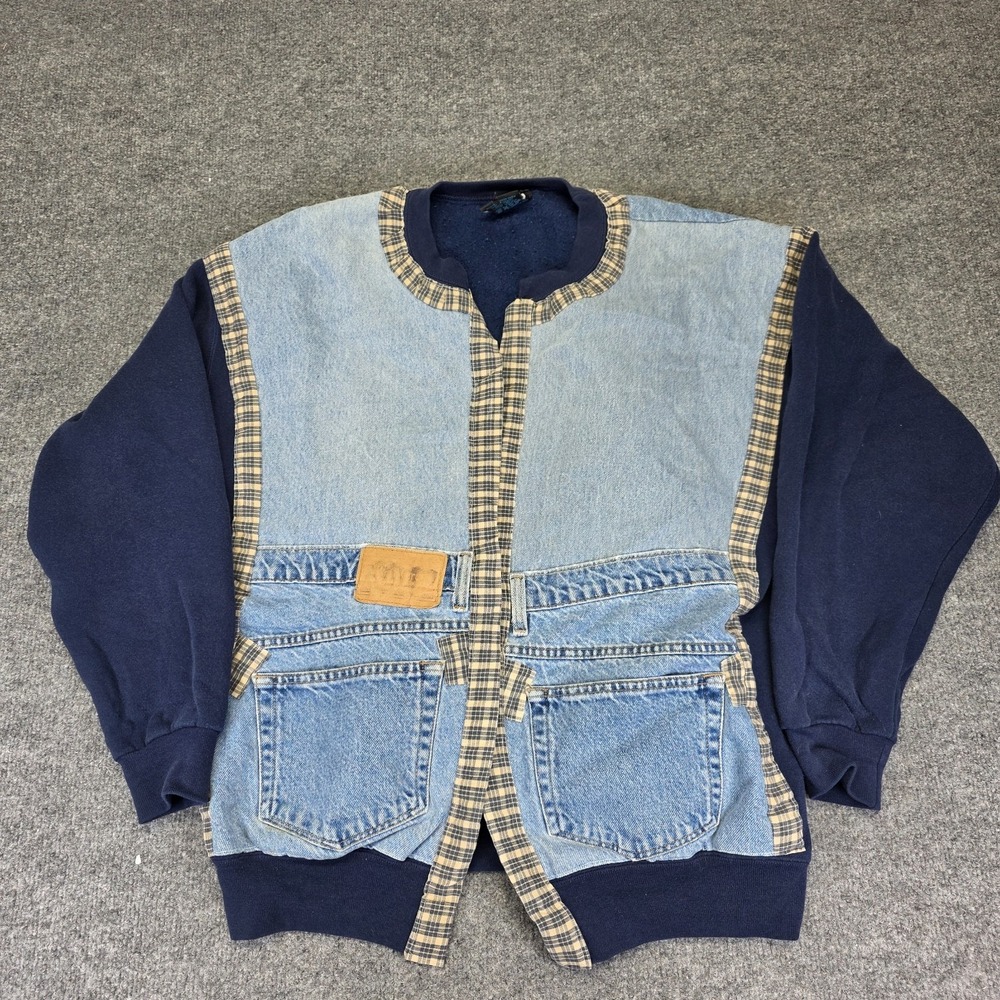 SOFFEE Adult Fleece Denim Patchwork Jacket Grunge BohoVtg‎ Size Large